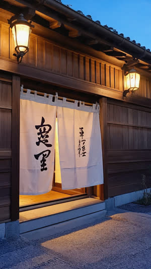 Bathhouse entrance with noren curtain hung in place, warm interior glow visible beneath the fabric, inviting evening atmosphere