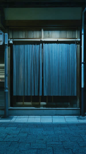 Bathhouse entrance with noren removed, bare curtain rod above closed wooden sliding doors, quiet night street, subdued blue light