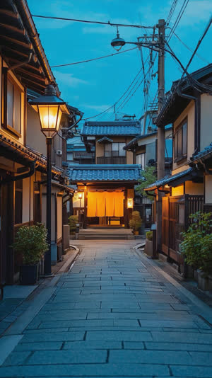 Long view down a narrow Japanese street at dusk, small glowing bathhouse entrance with noren visible in distance, street lamps, nostalgic atmosphere