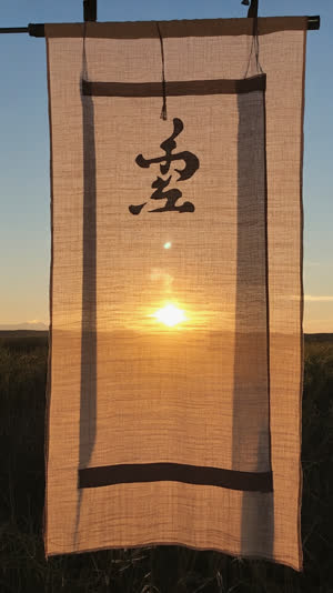 Sunset light glowing through translucent indigo noren fabric, silhouetted character on cloth, soft backlit warmth, serene minimal composition
