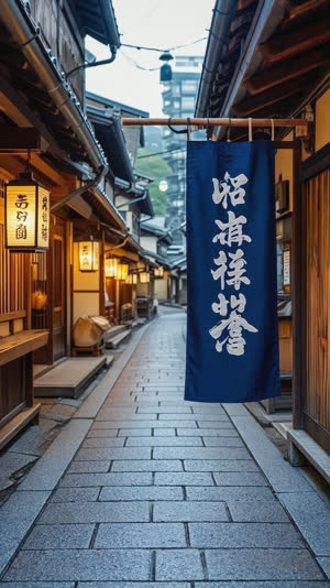 Japanese shopping street with several fabric noren curtains at shop entrances, bathhouse curtain prominent among them, early evening lanterns, empty street