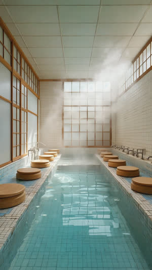 Wide serene view of Japanese sento bath hall, still clear bathwater and tiled washing stations, gentle steam, pristine calm before bathing