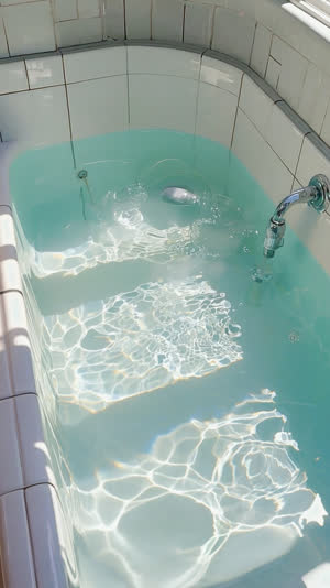 Close view of crystal clear hot bathwater in tiled tub, subtle ripples and steam, light refracting through clean water, purity and warmth