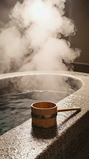 Wooden ladle bucket resting on the stone edge of a Japanese bath, steam drifting, quiet reverent composition, soft warm lighting