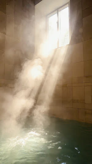 Sunlight streaming through high window into steamy bath hall, rays through mist over warm water, welcoming glow, cinematic tranquil mood