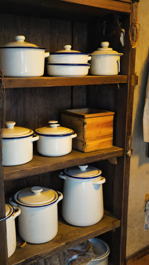 Vintage Japanese kitchen shelf with enamel pots, wooden containers and cloth covers, pre-refrigerator era household, dim warm light, documentary still life