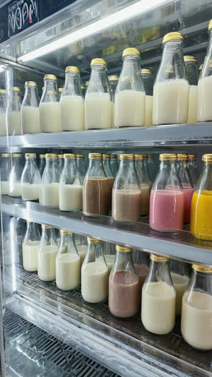 Rows of glass milk bottles inside refrigerated case, white milk, coffee milk and fruit milk in different colors, paper caps, frosty glass shelves