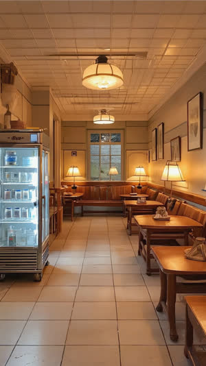 Wide shot of cozy bathhouse lobby with retro milk refrigerator glowing among wooden furniture and warm lamps, inviting nostalgic scene