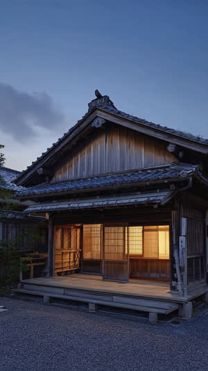 Aged Japanese bathhouse exterior at dusk, weathered wooden facade with warm light at entrance, quiet dignity against darkening sky, cinematic mood