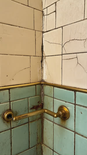 Close-up of cracked vintage bathhouse tiles and rusted pipe fittings, decades of wear rendered beautifully, textural detail, soft melancholy light