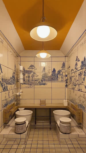 Stylish renovated sento interior, modern pendant lighting above preserved vintage tile mural, contemporary meets traditional design, warm inviting glow