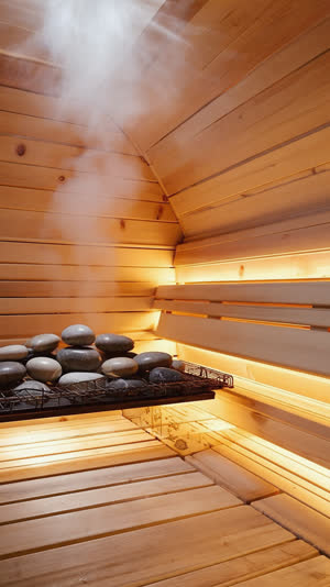 Warm wooden sauna interior with hot stones on heater, gentle steam rising, glowing cedar planks, intimate heat and texture