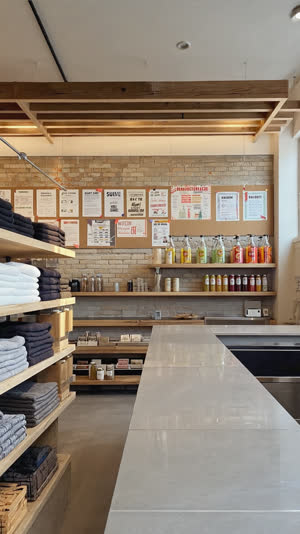 Lively renovated bathhouse lobby with merchandise shelf, craft drinks and event flyers, modern community hub feel, warm cheerful light