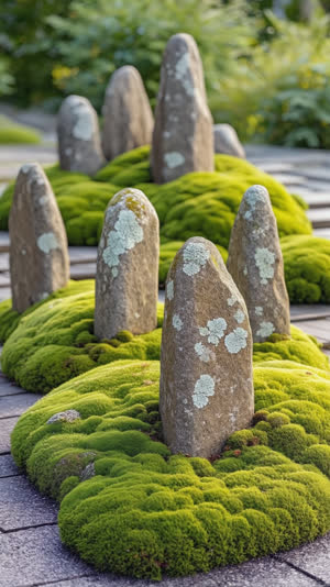 Close-up of upright garden stones rising from mossy mounds arranged like a miniature mountain range, soft daylight, photorealistic documentary photograph, natural soft light,…