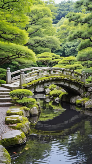 An ancient Japanese pond garden with a moss-covered stone bridge and still dark water, timeless quiet atmosphere, photorealistic documentary photograph, natural soft light, muted…