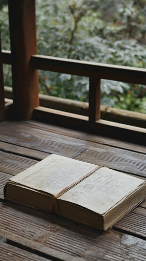 An old Japanese bound book lying closed on a wooden veranda overlooking a blurred garden, book seen from a distance so no text is visible, soft light, photorealistic documentary…