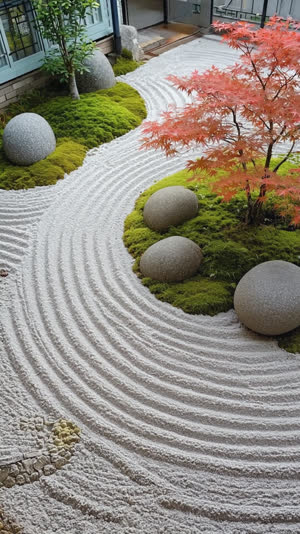 Overhead view of a small courtyard Japanese garden condensing stones, moss, gravel and one maple into a few square meters, photorealistic documentary photograph, natural soft…