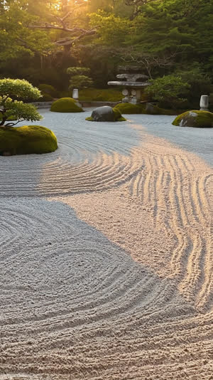 A tranquil Japanese garden in warm late-afternoon light, long shadows across raked gravel and moss, quiet contemplative mood, photorealistic documentary photograph, natural soft…