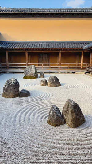 A rectangular Zen rock garden viewed from a wooden temple veranda, flat field of white raked gravel, several separate groups of natural irregular rocks, aged ochre earthen wall…