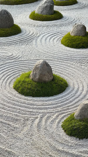 Several separate groups of natural weathered rocks scattered across a field of raked white gravel, each group ringed with a thin edge of moss, minimalist Zen composition, natural…
