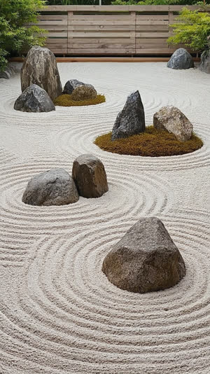 Diagonal perspective across a Zen rock garden, several natural rock groups at different depths partially hiding one another, sense that not all stones can be seen at once,…
