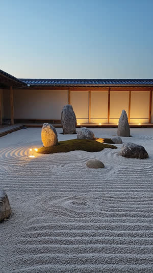 Wide tranquil dusk view of a Zen rock garden, groups of natural irregular stones among raked gravel and an earthen wall, meditative stillness, natural irregular weathered rocks…