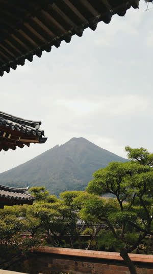 A distant green mountain seen through a frame of garden trees and eaves, layered composition like a painting, photorealistic documentary photograph, natural soft light, muted…