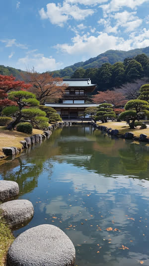 A serene temple pond reflecting a wooded mountainside behind it, stones along the shore, Kyoto garden atmosphere, photorealistic documentary photograph, natural soft light, muted…