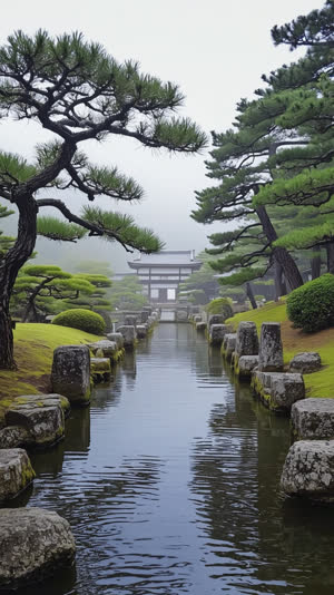 A dignified classical Japanese pond garden in soft morning mist, ancient stones and pines, sense of deep history, photorealistic documentary photograph, natural soft light, muted…