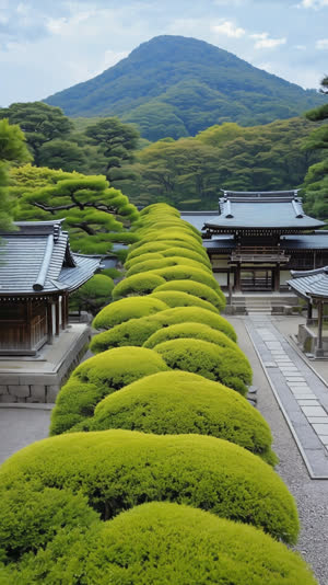 A long straight low clipped evergreen hedge in a quiet Japanese temple garden with moss ground, one distant forested mountain rising directly beyond the hedge line as borrowed…