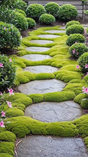 Close-up of stepping stones set in moss with precisely pruned azalea mounds, deliberate placement visible in every detail, photorealistic documentary photograph, natural soft…