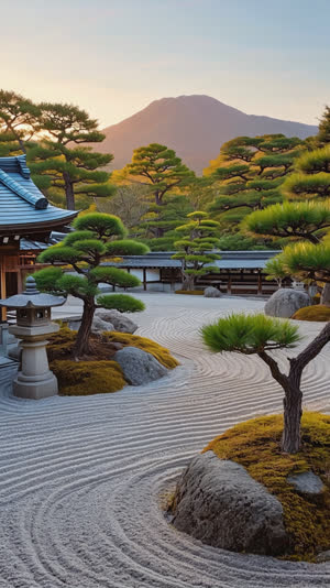 A borrowed-scenery Japanese garden at golden hour, mountain silhouette glowing softly beyond the garden trees, photorealistic documentary photograph, natural soft light, muted…