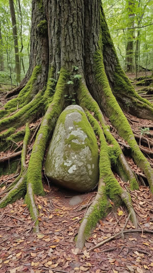 An old stone half swallowed by thick moss at the base of a tree, sense of accumulated time, soft forest light, photorealistic documentary photograph, natural soft light, muted…