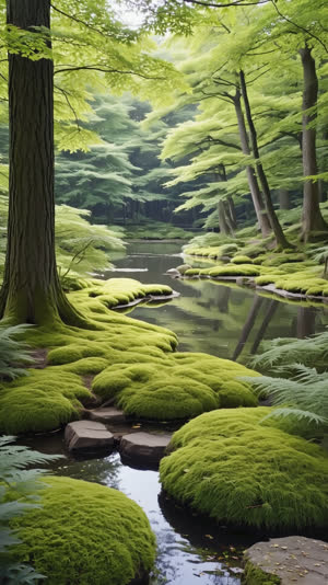 A vast moss garden under a canopy of maples, green carpet flowing between tree trunks toward a still pond, photorealistic documentary photograph, natural soft light, muted…
