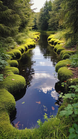 A dark still pond bordered by mossy banks reflecting green foliage, profound quiet atmosphere, photorealistic documentary photograph, natural soft light, muted realistic colors,…