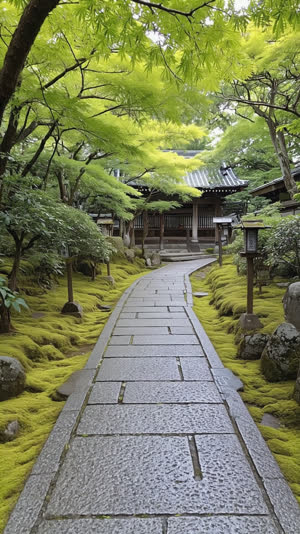 A quiet Kyoto temple approach: narrow stone path lined with deep green moss and maple shade receding into a protected quiet grove, Japanese temple garden style, no gate, no…