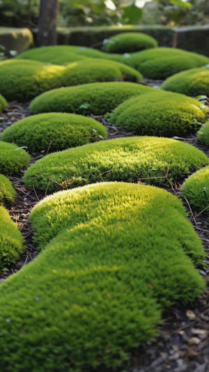 Moss garden in layered light, patches ranging from golden green to deep emerald, gentle gradients across the ground, photorealistic documentary photograph, natural soft light,…
