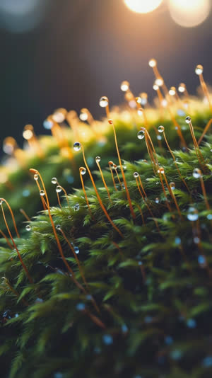 Morning dew on a mound of moss catching first light, delicate spore stalks rising, patient stillness, photorealistic documentary photograph, natural soft light, muted realistic…