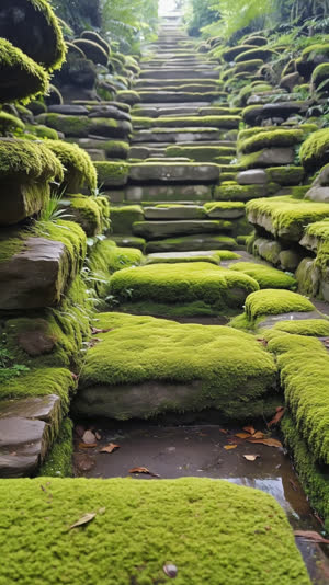 Deep receding view through an ancient moss garden, layers of green fading into soft shade, timeless mood, photorealistic documentary photograph, natural soft light, muted…