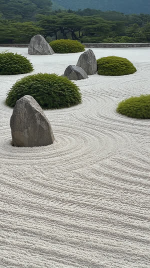 An expansive Japanese dry landscape garden with sweeping white gravel, sculpted rounded azalea mounds, natural rocks and borrowed green hills behind, immaculate Adachi-style…