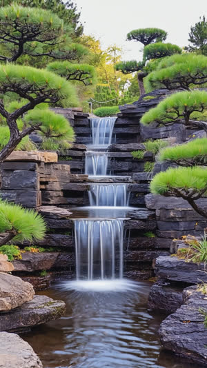 An elegant garden waterfall cascading between dark rocks framed by clipped pines, iconic composed scene, photorealistic documentary photograph, natural soft light, muted…