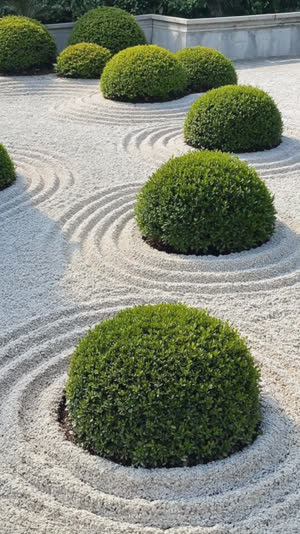 Perfectly sculpted rounded azalea shrub mounds (okarikomi) beside raked white gravel in a Japanese garden, crisp Japanese pruning craft, layered green mounds, no European…
