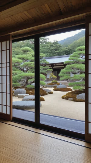 A large dark window frame revealing a bright Japanese garden beyond, composed exactly like a framed landscape painting, photorealistic documentary photograph, natural soft light,…
