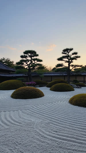 A Japanese landscape garden at dusk: sculpted azalea mounds, white gravel and pines in warm low light, serene closing view, Japanese garden only, no European garden, no topiary…