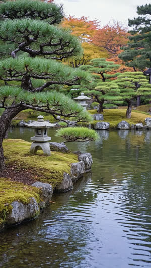 A classical Japanese strolling garden in early winter, pond, stone lantern and pines with rope cones, Kanazawa atmosphere, photorealistic documentary photograph, natural soft…