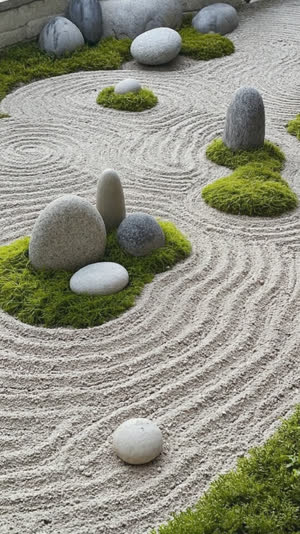 A composed group of garden stones of varied sizes creating visual rhythm in raked gravel and moss, structural beauty, photorealistic documentary photograph, natural soft light,…