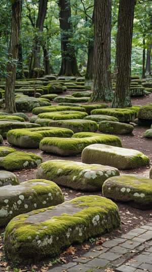 Ancient garden stones softened by centuries of moss and lichen, deep shade of old trees, timeless air, photorealistic documentary photograph, natural soft light, muted realistic…
