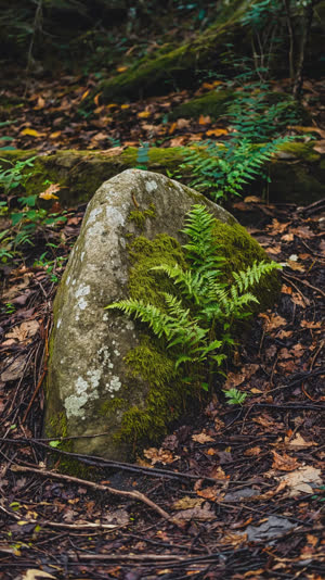 An ancient half-buried stone in perfect harmony with moss, ferns and dappled light, belonging completely, photorealistic documentary photograph, natural soft light, muted…