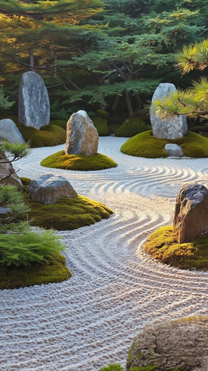 Wide view of a Japanese stone garden in serene evening light, groups of natural irregular rocks set in moss and raked gravel in quiet dialogue, natural irregular weathered rocks…