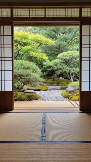 View through open shoji screens from a tatami room out into a lush garden, interior and garden as one space, photorealistic documentary photograph, natural soft light, muted…
